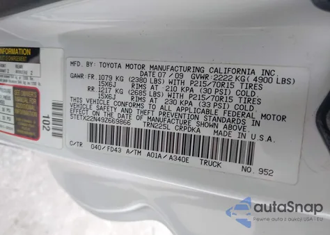 2009 Toyota Tacoma z USA, uszkodzony, nr VIN 5TETX22N49Z669866